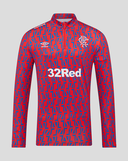 Front view of Rangers Men 25/26 Away Matchday 1/4 Zip with red blue geometric print 32Red sponsor and Umbro logos.