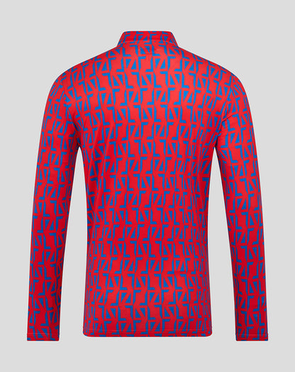 Back view of Rangers away matchday zip top with red and blue geometric print.