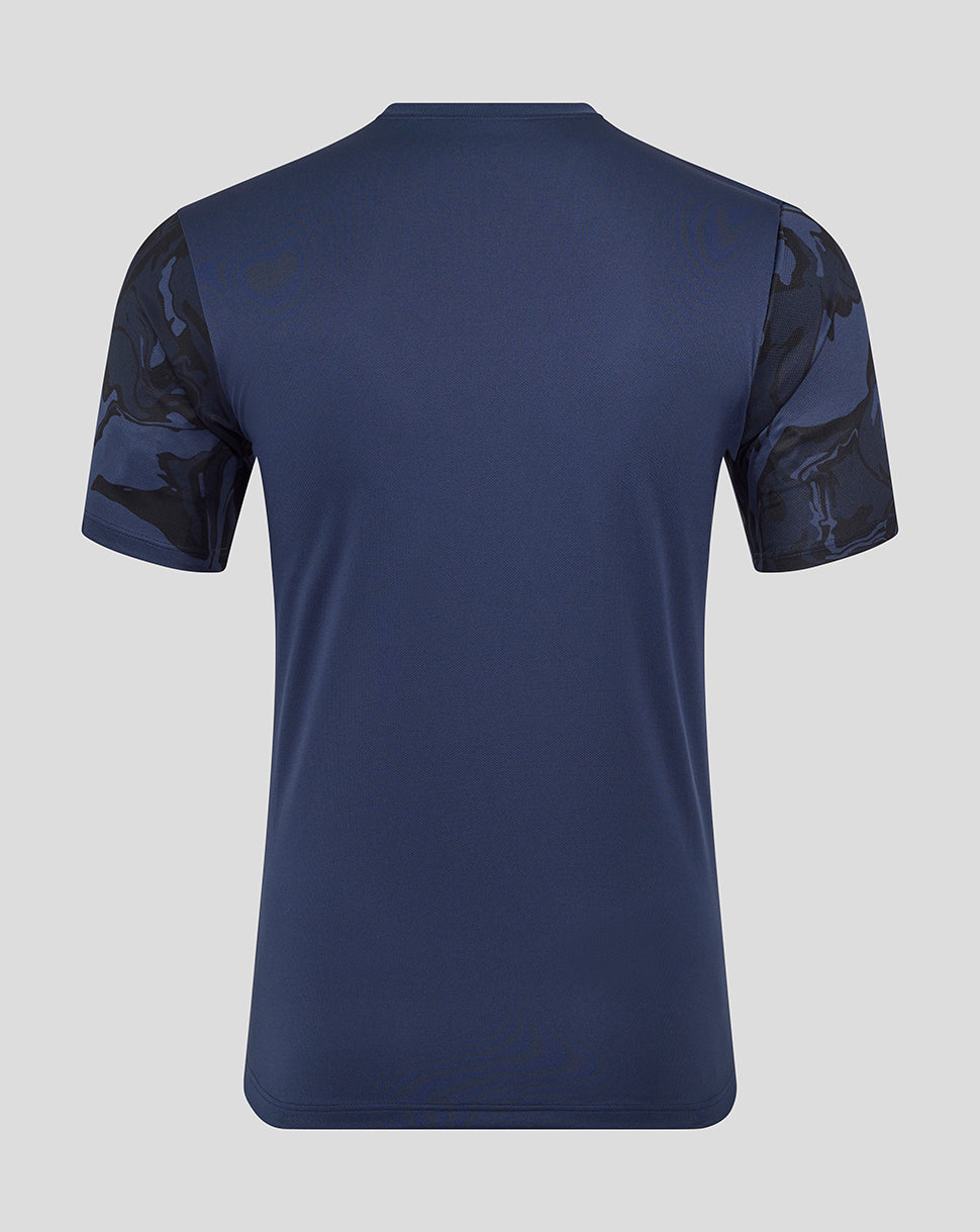 Back view of navy Rangers Third Matchday short sleeve tee with camo patterned sleeves