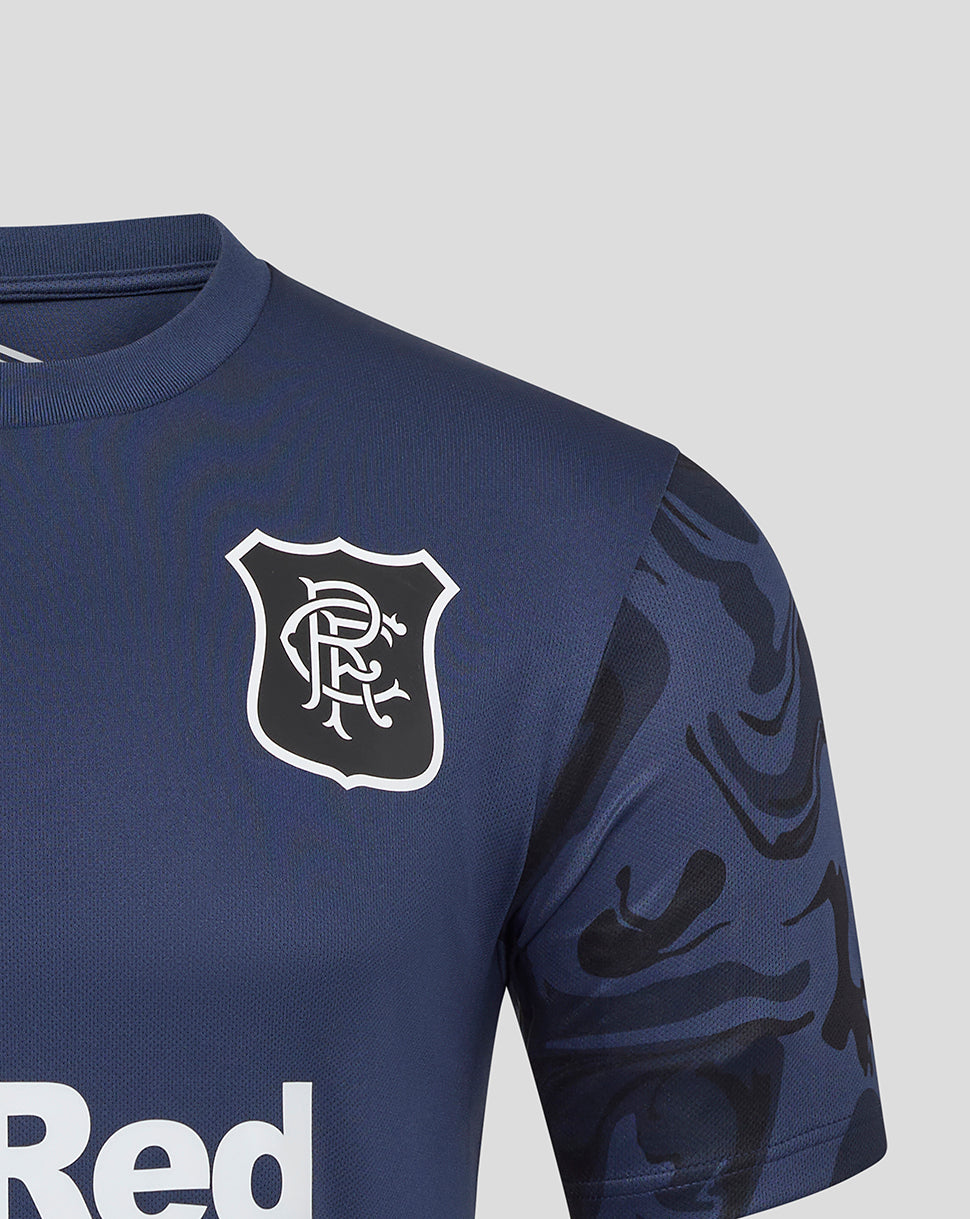 Rangers men's navy short sleeve jersey close up of crest on chest and camo patterned sleeve