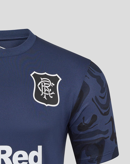 Rangers men's navy short sleeve jersey close up of crest on chest and camo patterned sleeve
