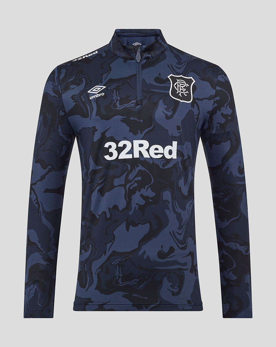 Navy camouflage Rangers quarter zip top with collar, Umbro logo, club crest and 32Red sponsor across the chest