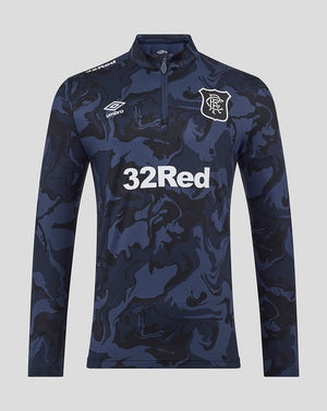 Navy camouflage Rangers quarter zip top with collar, Umbro logo, club crest and 32Red sponsor across the chest