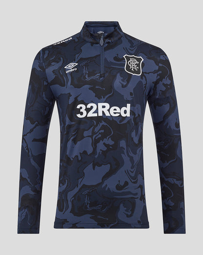 Navy camouflage Rangers quarter zip top with collar, Umbro logo, club crest and 32Red sponsor across the chest