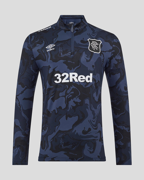 Navy camouflage Rangers quarter zip top with collar, Umbro logo, club crest and 32Red sponsor across the chest