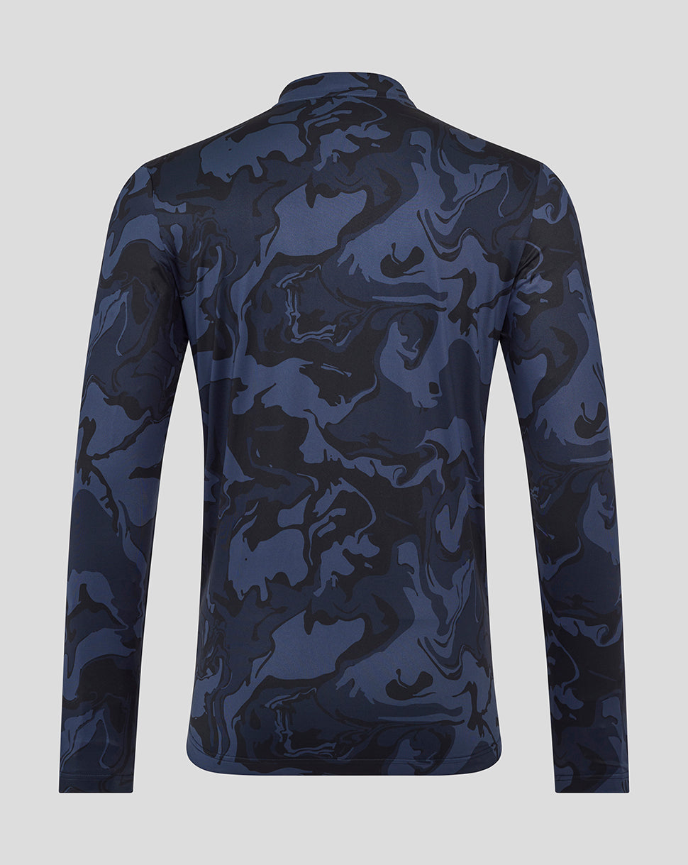 Back view of a navy blue camouflage Rangers men's quarter zip top with collar