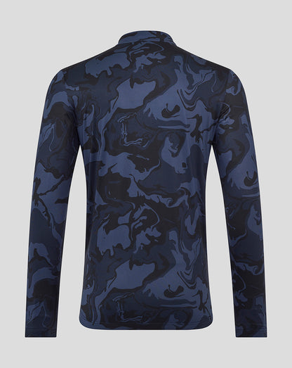 Back view of a navy blue camouflage Rangers men's quarter zip top with collar