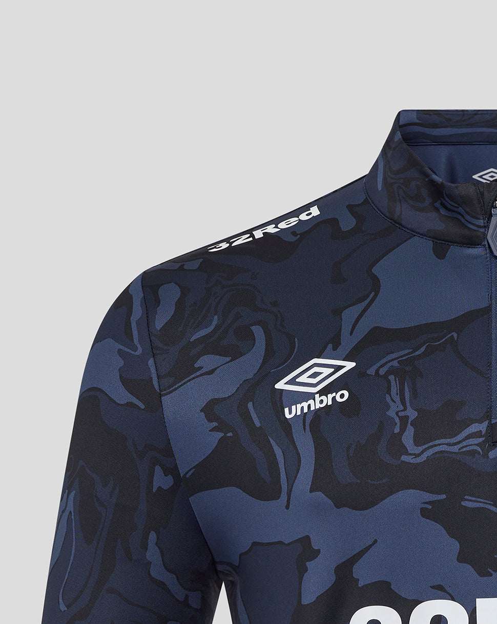 Front close up of a navy camouflage Rangers top showing the Umbro logo and club crest