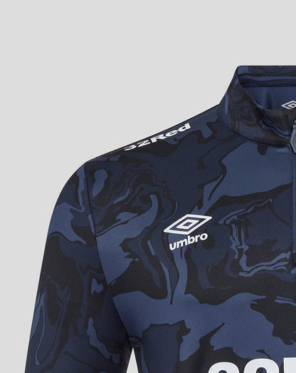 Front close up of a navy camouflage Rangers top showing the Umbro logo and club crest