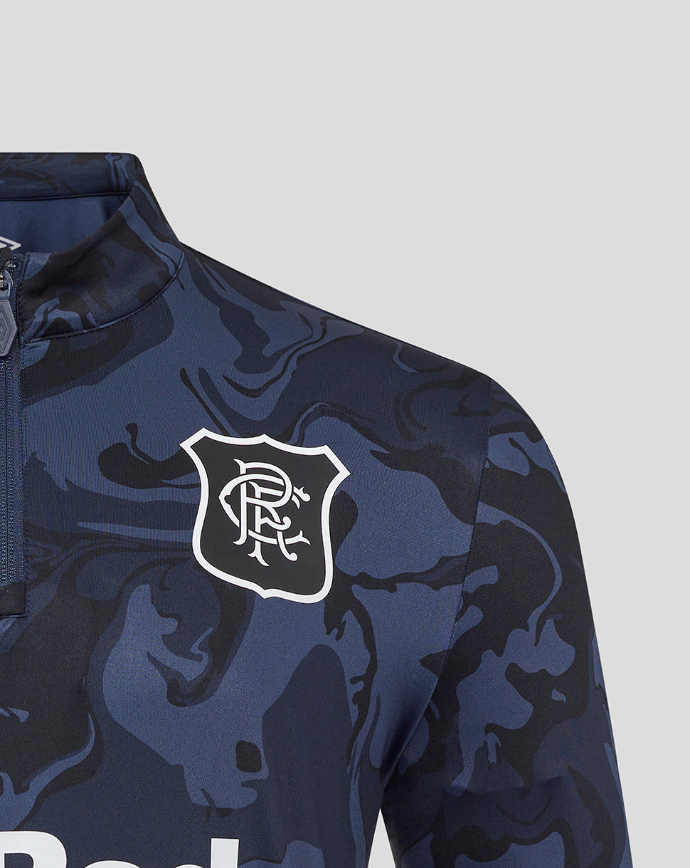 Rangers club crest on navy camouflage top shown on the left chest area