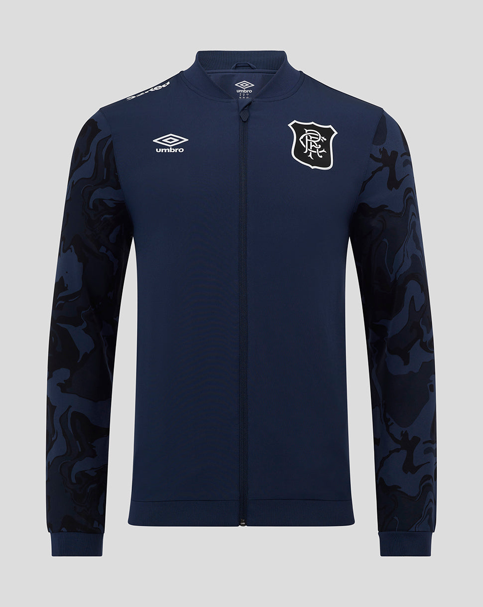 Navy Rangers men's third matchday jacket with full front zip and collar, crest on chest and camo patterned sleeves.