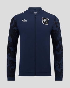 Navy Rangers men's third matchday jacket with full front zip and collar, crest on chest and camo patterned sleeves.
