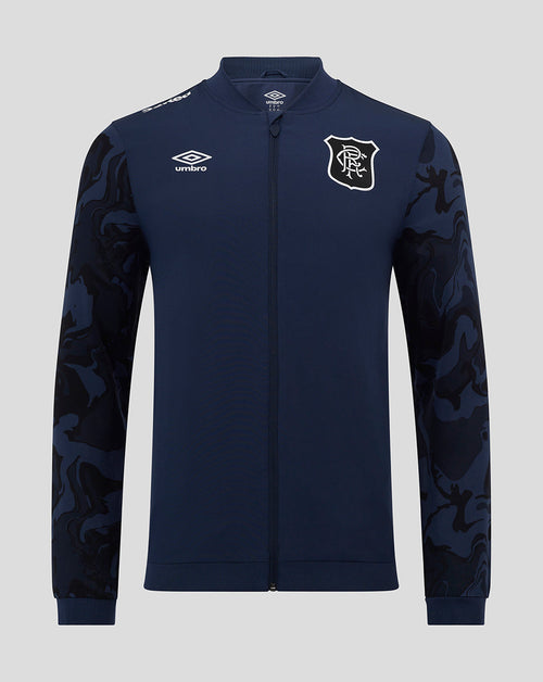 Navy Rangers men's third matchday jacket with full front zip and collar, crest on chest and camo patterned sleeves.