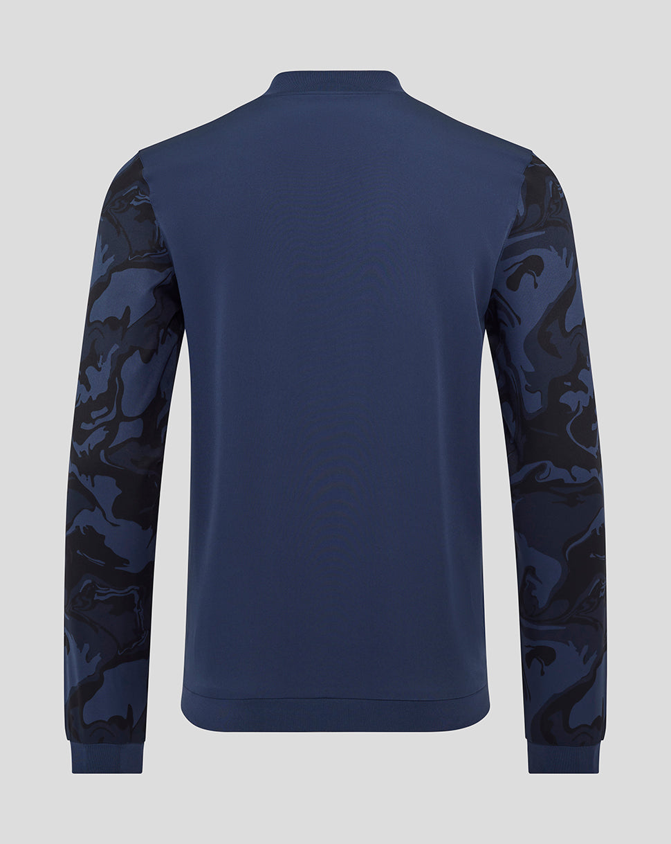 Rear view of navy Rangers jacket showing plain back and camo patterned sleeves.