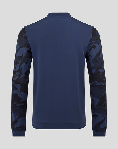 Rear view of navy Rangers jacket showing plain back and camo patterned sleeves.