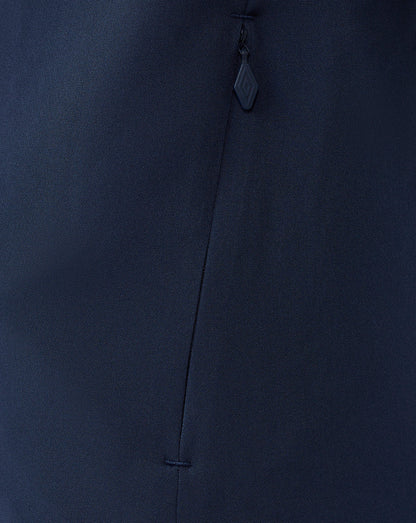 Close-up of navy Rangers jacket zipper and side seam detail.