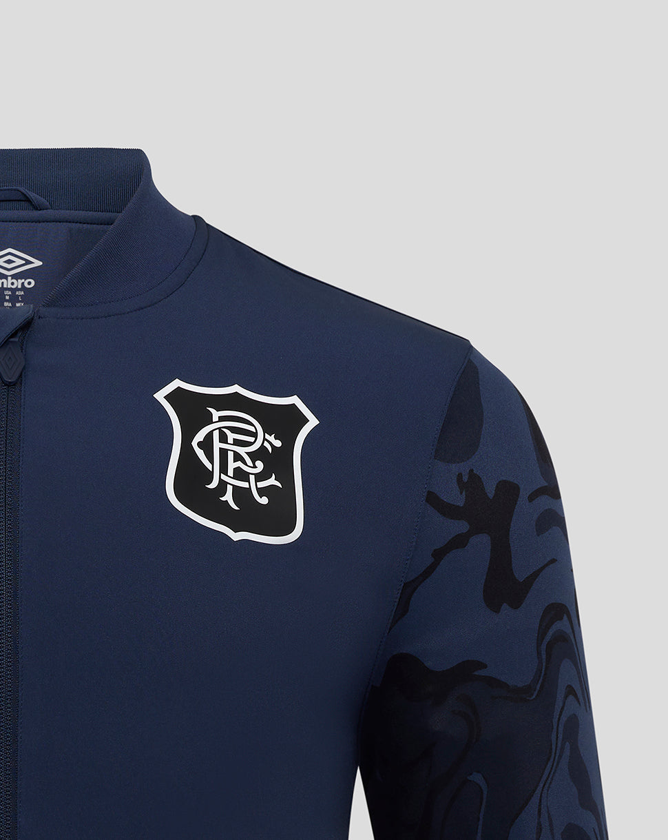 Close-up of navy Rangers jacket front featuring club crest and camo sleeve panels.