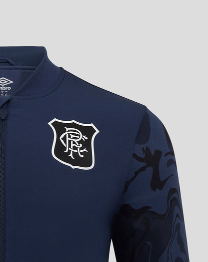 Close-up of navy Rangers jacket front featuring club crest and camo sleeve panels.