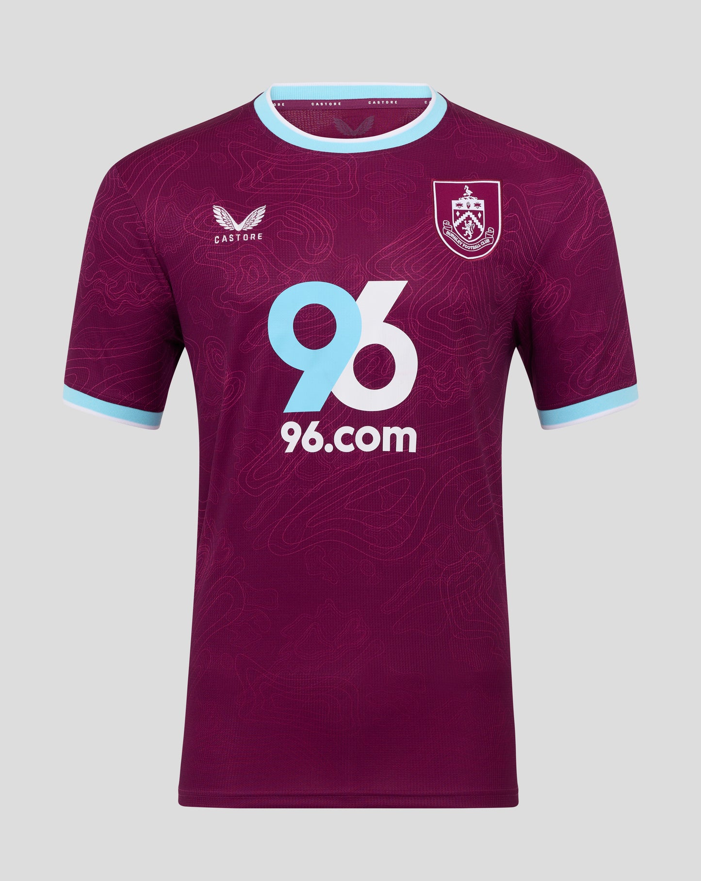 Burnley FC 25/26 home short sleeve jersey in maroon with light blue trim, club crest on chest and large 96.com sponsor
