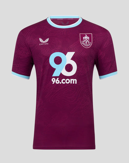 Burnley FC 25/26 home short sleeve jersey in maroon with light blue trim, club crest on chest and large 96.com sponsor
