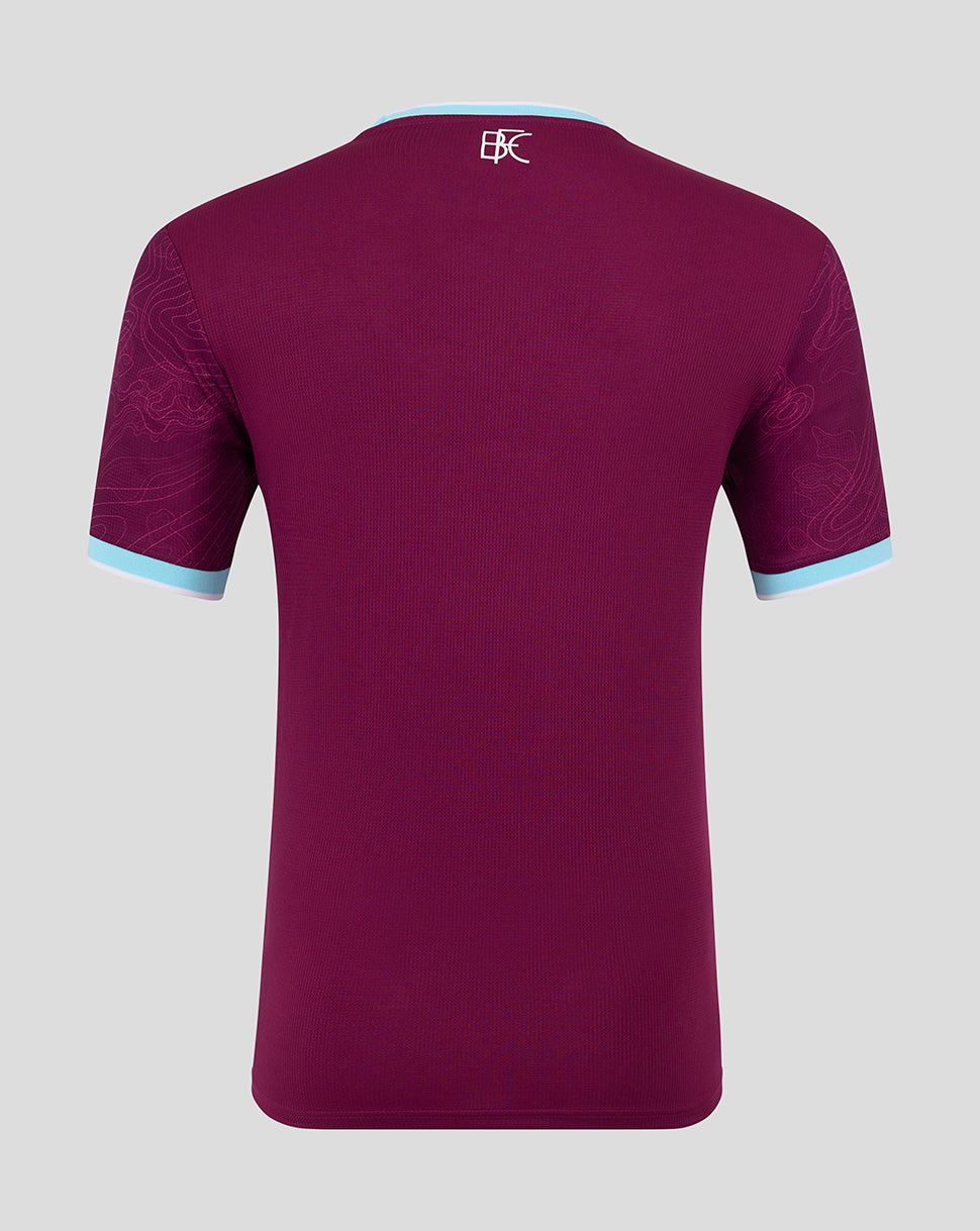 Back view of Burnley FC 25/26 home short sleeve shirt in maroon with a pale blue collar trim and subtle pattern.