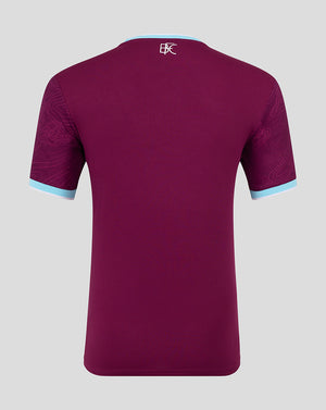 Back view of Burnley FC 25/26 home short sleeve shirt in maroon with a pale blue collar trim and subtle pattern.