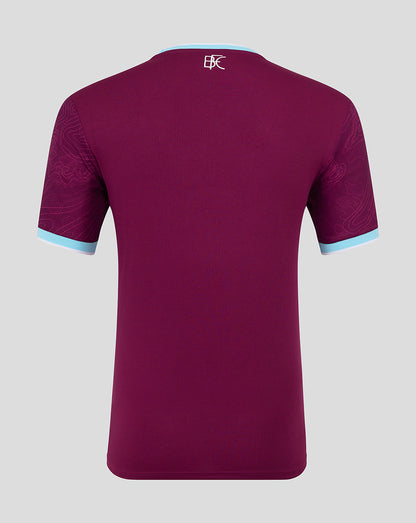 Back view of Burnley FC 25/26 home short sleeve shirt in maroon with a pale blue collar trim and subtle pattern.