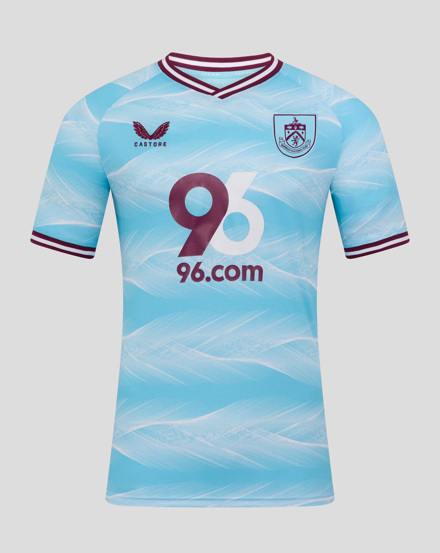 Burnley FC away jersey in light blue with white pattern, maroon trim, club crest on chest, Castore logo and 96.com sponsor.