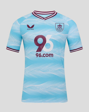 Burnley FC away jersey in light blue with white pattern, maroon trim, club crest on chest, Castore logo and 96.com sponsor.