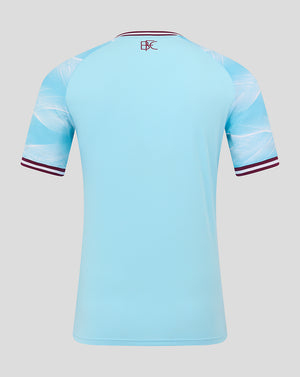 Rear view of Burnley FC away shirt in light blue with a small club crest at the neckline