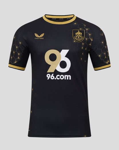 Burnley FC men's 25/26 third short sleeve shirt in black with gold crest and honeycomb pattern.