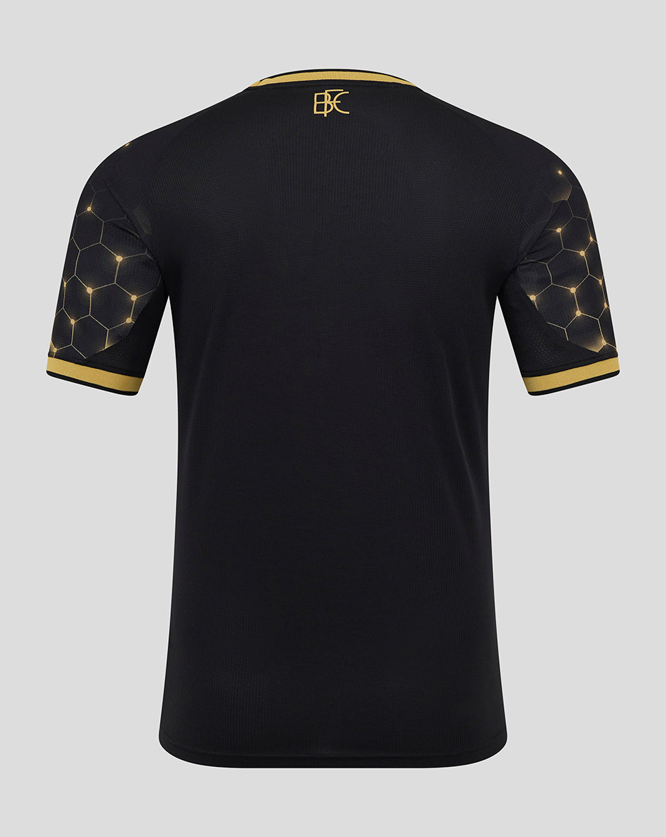 Back view of a black Burnley FC third shirt with gold collar trim and honeycomb pattern on the sleeves.