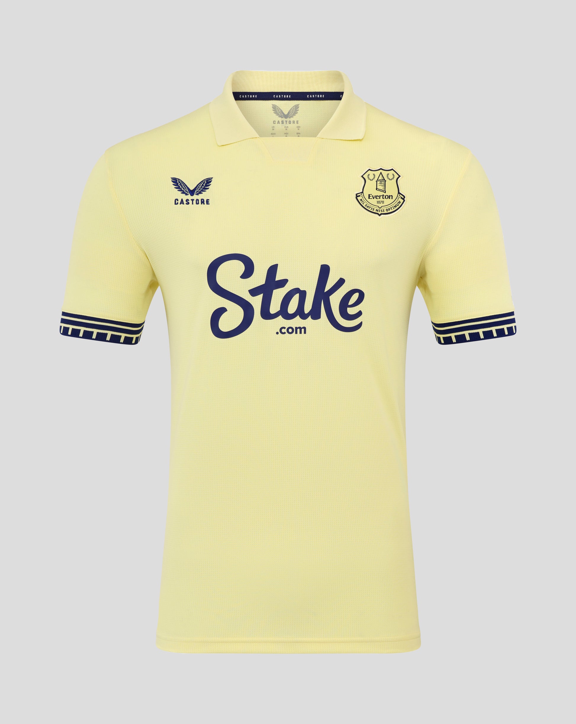 Everton away shirt 25/26 for men in pale yellow with Castore logo on the left chest, Everton crest on the right chest, and Stake.com script across the front.