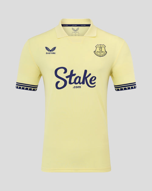 Everton away shirt 25/26 for men in pale yellow with Castore logo on the left chest, Everton crest on the right chest, and Stake.com script across the front.