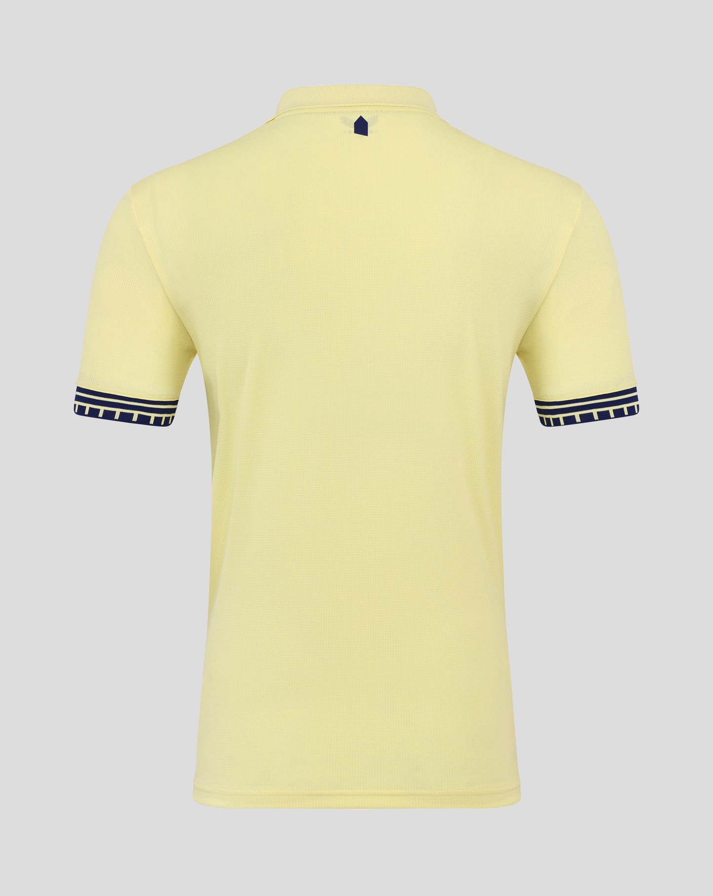 Junior Everton 25/26 away short sleeve shirt in pale yellow viewed from the back with a small navy shield at the neckline and Castore branding inside the collar.