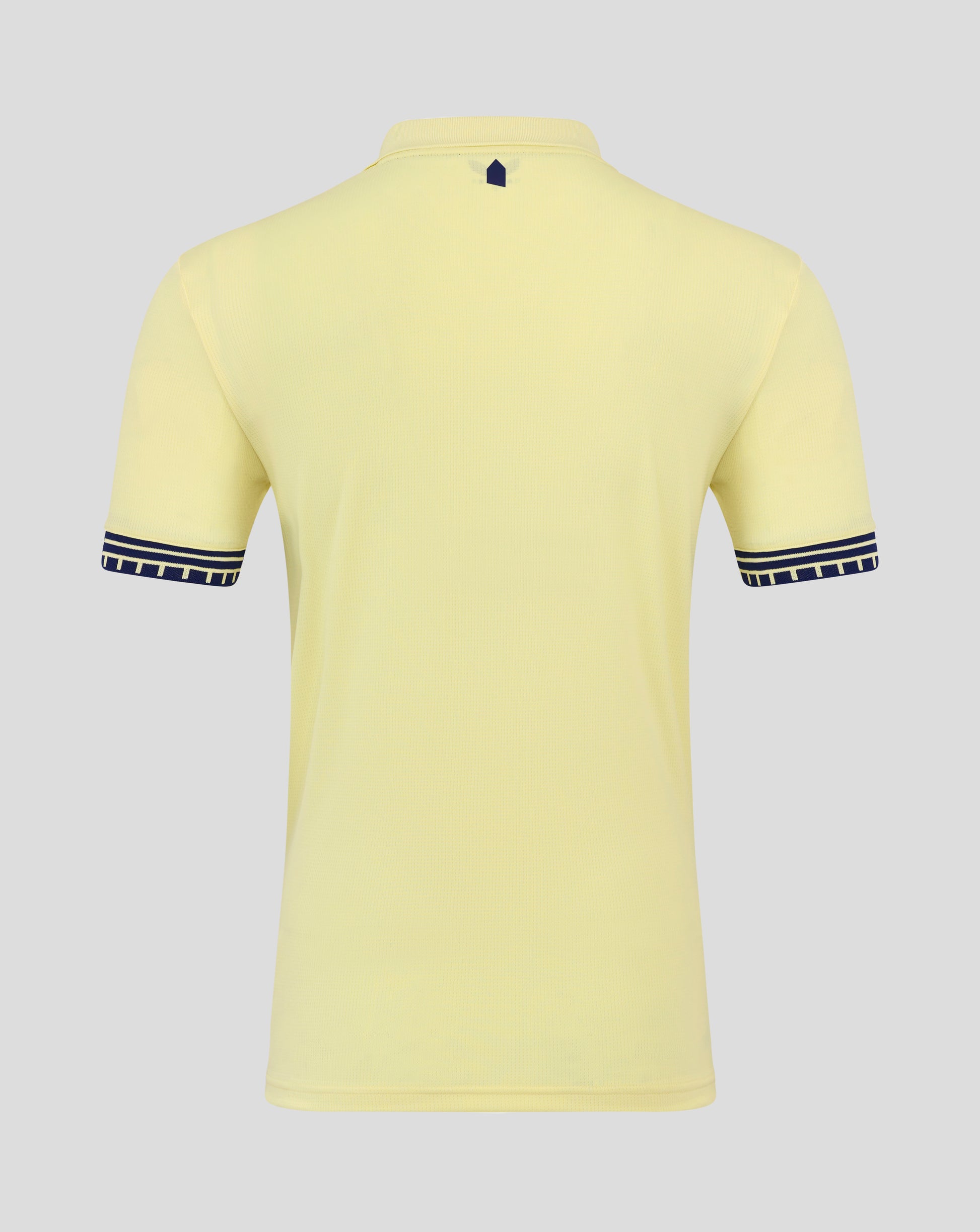 Junior Everton 25/26 away short sleeve shirt in pale yellow viewed from the back with a small navy shield at the neckline and Castore branding inside the collar.