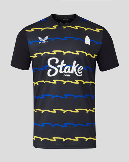 Everton 25/26 men's third shirt in dark navy with yellow and blue wavy stripes and Stake sponsor