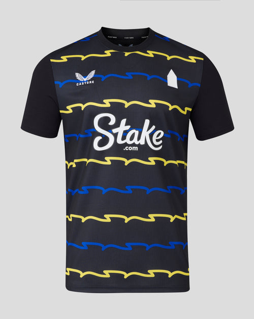 Everton 25/26 men's third shirt in dark navy with yellow and blue wavy stripes and Stake sponsor