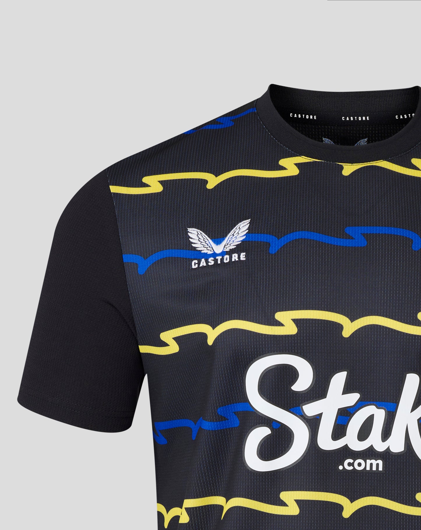 Front view of Everton 25/26 Men's Third Shirt in dark navy with blue and yellow graphic accents and Castore branding.