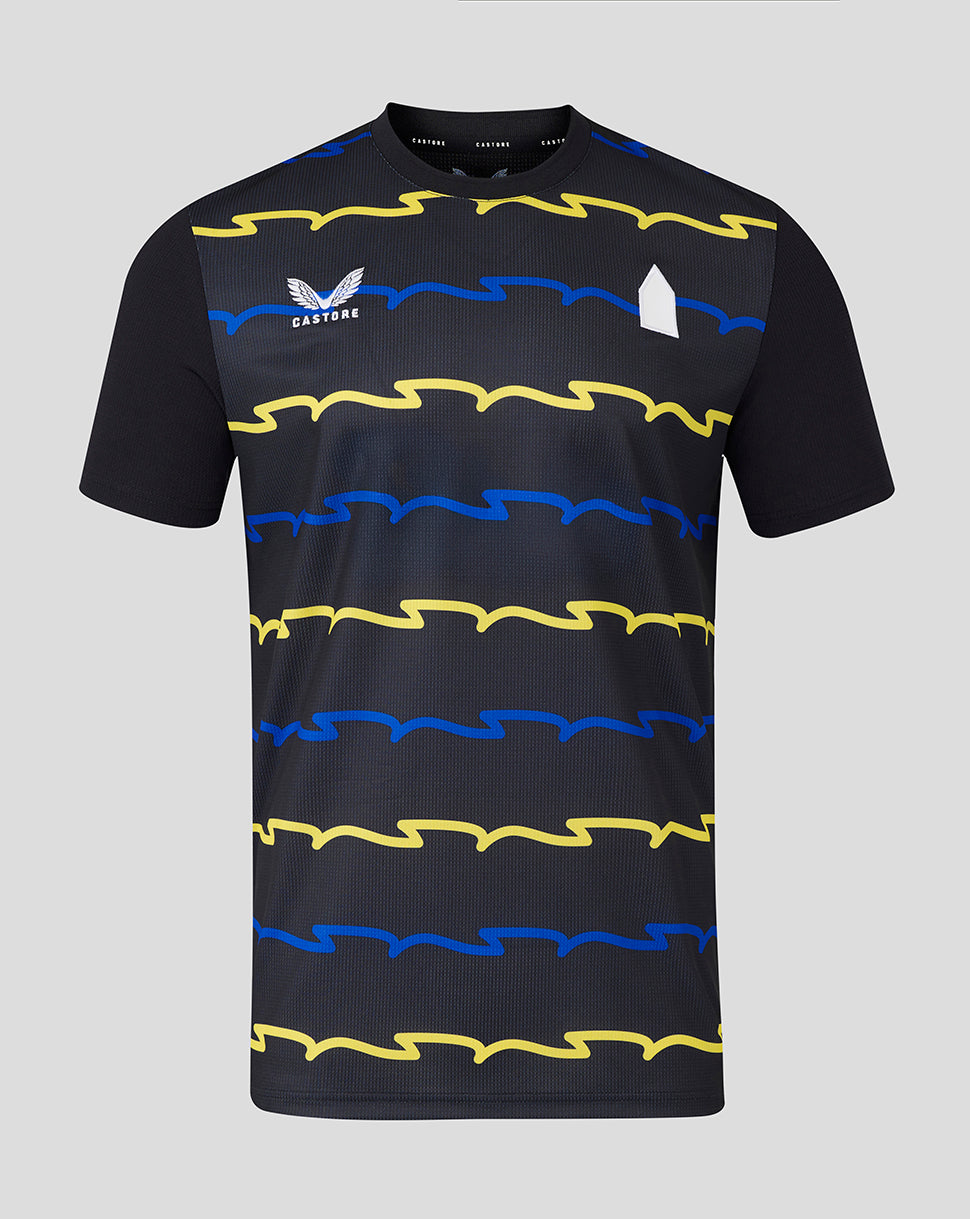 Front view of Everton 25/26 Junior Third Shirt in navy with blue and yellow wavy stripes.