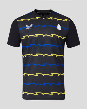 Front view of Everton 25/26 Junior Third Shirt in navy with blue and yellow wavy stripes.