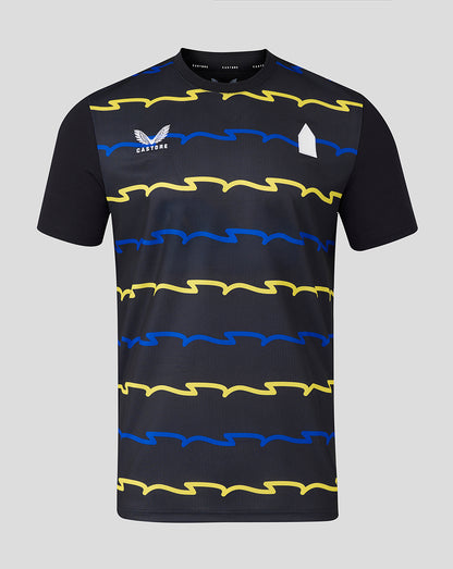 Front view of Everton 25/26 Junior Third Shirt in navy with blue and yellow wavy stripes.
