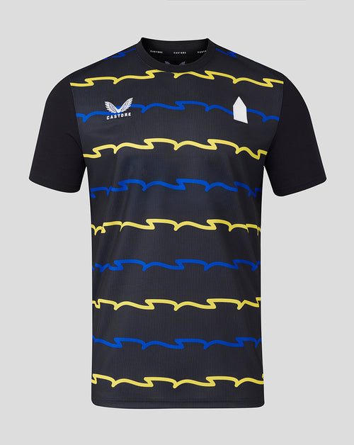 Front view of Everton 25/26 Junior Third Shirt in navy with blue and yellow wavy stripes.