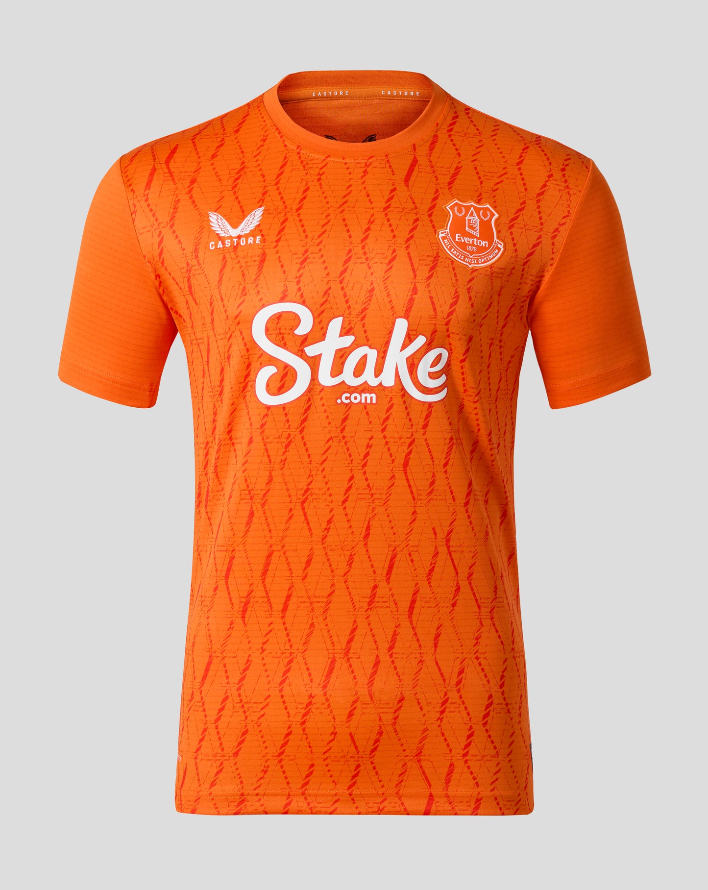 Everton 25/26 third goalkeeper jersey in bright orange with a subtle pattern and the club crest on the chest.