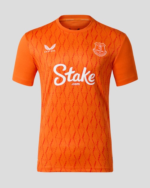 Everton 25/26 third goalkeeper jersey in bright orange with a subtle pattern and the club crest on the chest.