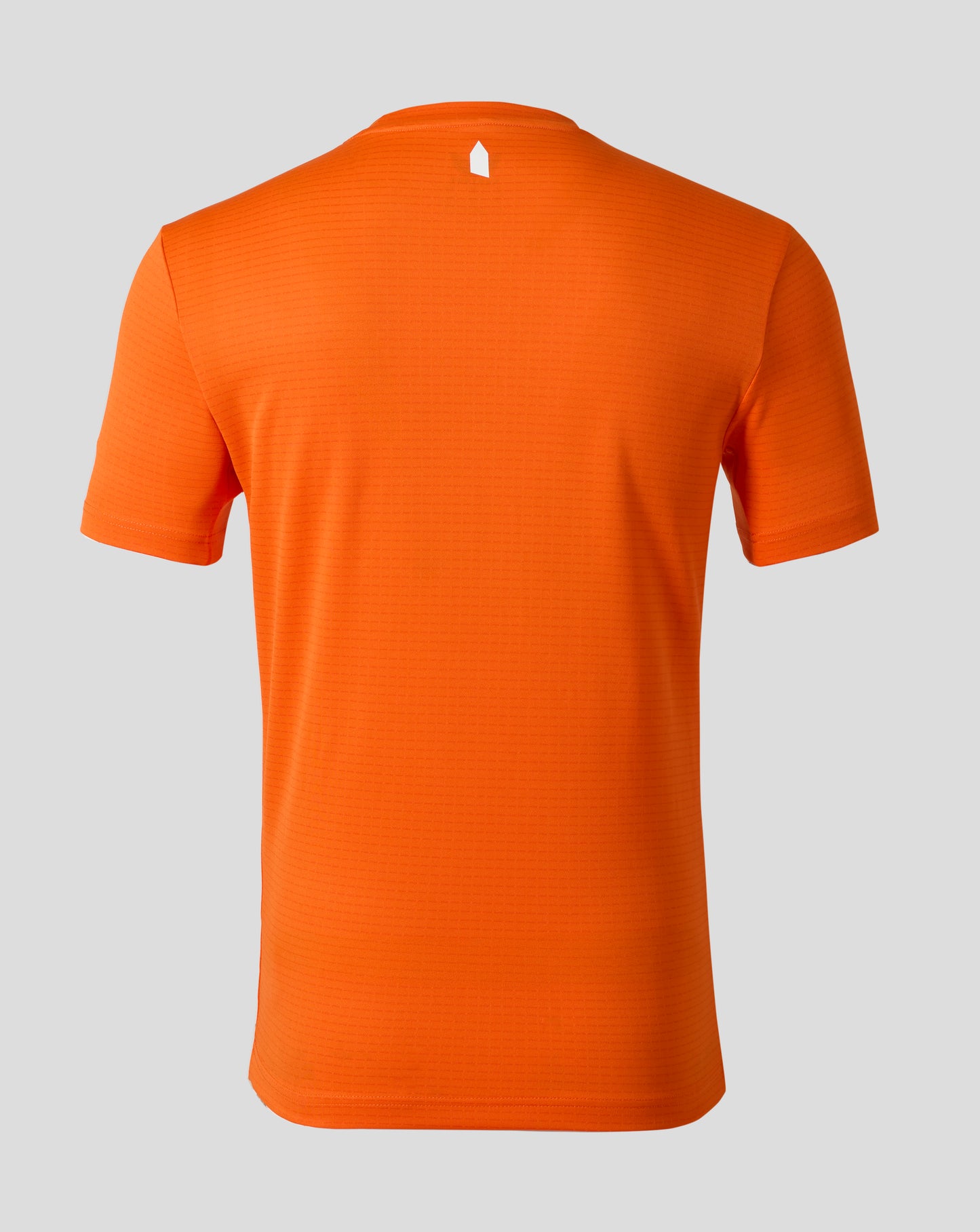 Back view of bright orange Everton third goalkeeper shirt with subtle texture and a small white emblem at the neck