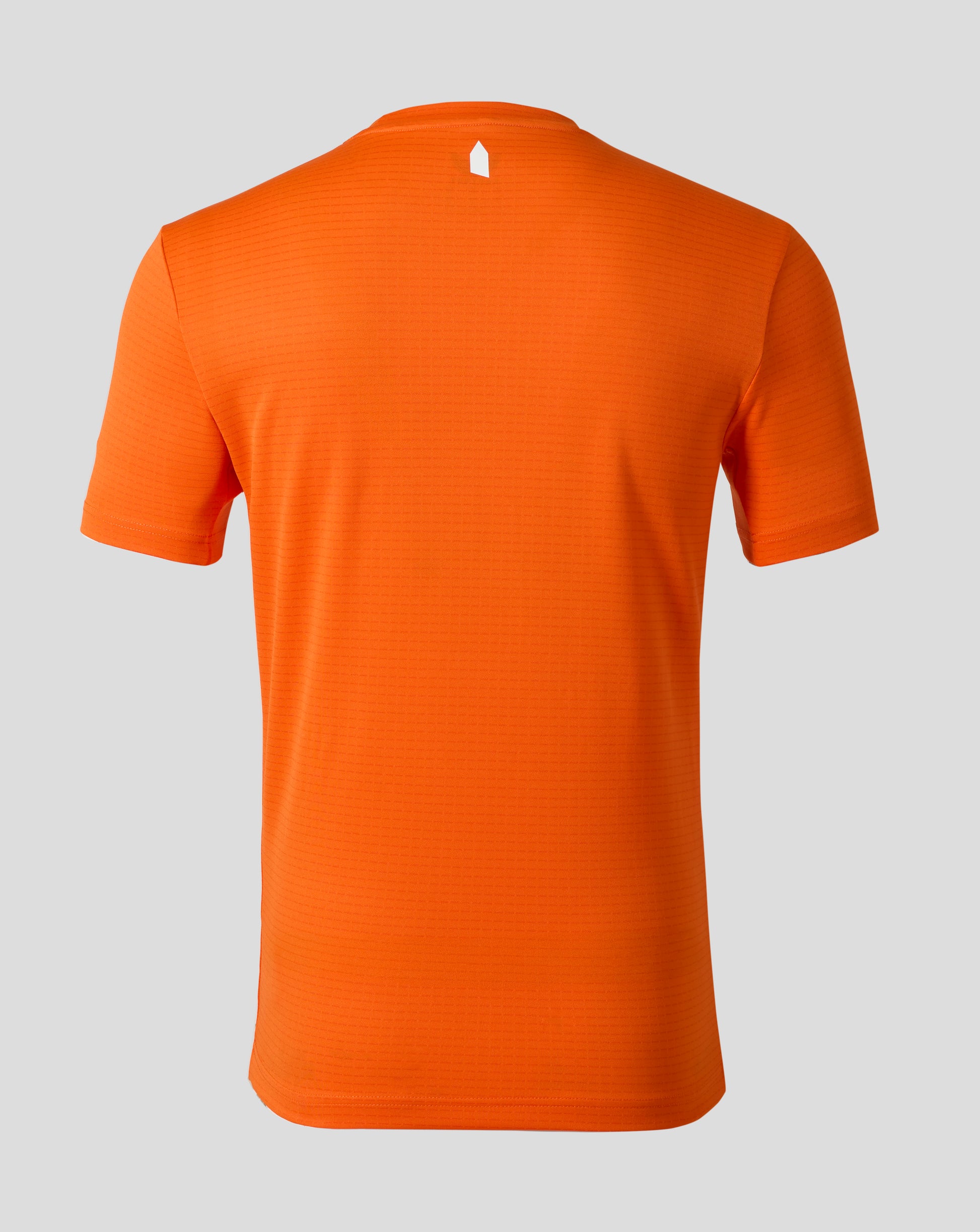 Back view of bright orange Everton third goalkeeper shirt with subtle texture and a small white emblem at the neck