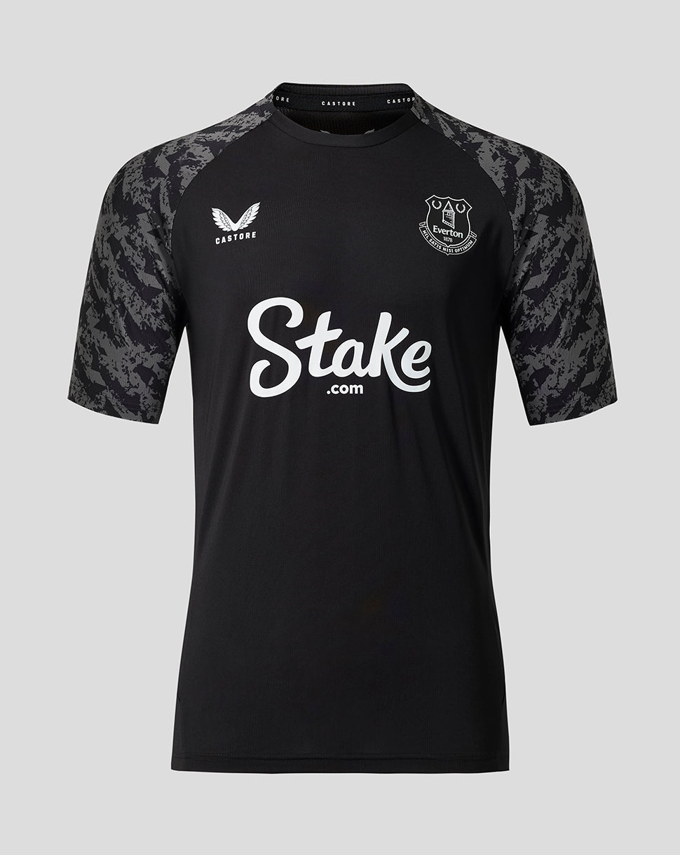 Everton FC men's black performance short sleeve shirt with grey camo sleeves and Stake sponsor logo