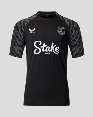 Everton FC men's black performance short sleeve shirt with grey camo sleeves and Stake sponsor logo