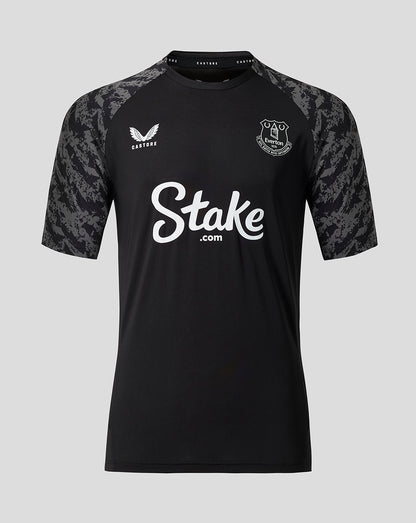 Everton FC men's black performance short sleeve shirt with grey camo sleeves and Stake sponsor logo